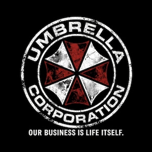 以下が含まれることがあります： 黒い背景に、使い古されたスタイルのグラフィック。 周囲に「UMBRELLA CORPORATION」の文字が入った白い円形のエンブレムが特徴です。 内側には赤と白の十字型のシンボルがあります。 テキスト「OUR BUSINESS IS LIFE ITSELF」が下にあります。