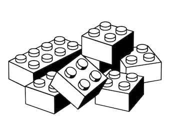 Pode incluir: Uma ilustração gráfica a preto e branco de uma pilha de blocos de construção de plástico interligados. A imagem apresenta vários tijolos retangulares e quadrados, cada um com pinos circulares na superfície superior, dispostos em pilha.