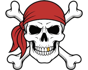 May include: A graphic illustration of a white human skull wearing a red bandana tied on the side. The skull features deep black eye sockets, a dark nasal cavity, and a single gold tooth in the upper jaw, positioned over two crossed white bones.
