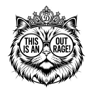 Może przedstawiać: Czarno-biała ilustracja kota w okrągłych okularach i koronie. Okulary mają napis "THIS IS AN OUTRAGE!". Kot ma puszysty wygląd i małą koronę na dole.