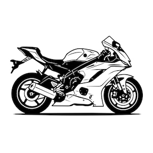 May include: A black and white graphic illustration of a sport motorcycle shown from the side profile. The design features a streamlined fairing, a prominent fuel tank, a rear-mounted exhaust pipe, and detailed wheels with a high-contrast aesthetic.