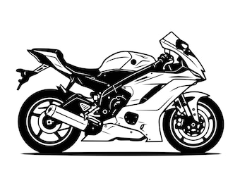 May include: A black and white graphic illustration of a sport motorcycle shown from the side profile. The design features a streamlined fairing, a prominent fuel tank, a rear-mounted exhaust pipe, and detailed wheels with a high-contrast aesthetic.