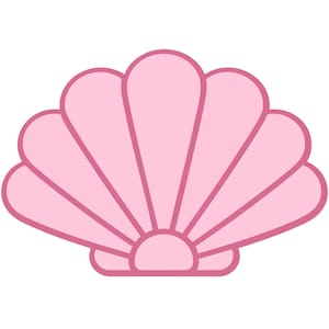 May include: A flat, two-dimensional graphic illustration of a scallop shell. The design features a light pink fill color with a darker pink outline, showcasing a symmetrical fan shape with distinct vertical ridges radiating from the base.