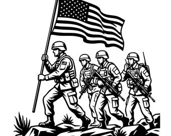 Pode incluir: Uma ilustração gráfica a preto e branco que retrata quatro soldados com equipamento tático a marchar para a frente. O soldado da frente transporta uma grande bandeira americana num mastro, enquanto os outros três transportam espingardas e capacetes.