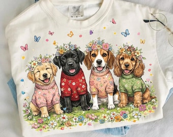 Adrette Blumenfrühlingshunde Png, niedlicher Welpe Png, Cottagecore Hund Welpe Png, Hund Wildblumen Png, botanischer Hund Png, Geschenk für Hundeliebhaber