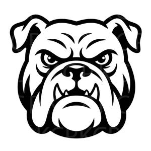 May include: A black and white graphic illustration of a bulldog head featuring a stern expression, furrowed brows, and visible lower fangs. The design uses bold lines to define the facial features, ears, and snout in a high-contrast style.