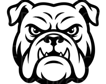 Pode incluir: Uma ilustração gráfica a preto e branco de uma cabeça de bulldog com uma expressão severa, sobrancelhas franzidas e presas inferiores visíveis. O design utiliza linhas arrojadas para definir os traços faciais, orelhas e focinho.