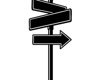 Pode incluir: Uma ilustração gráfica a preto e branco de um poste de sinalização metálico com três placas retangulares em branco. Duas placas estão inclinadas para cima, enquanto a terceira é uma seta horizontal apontando para a direita.