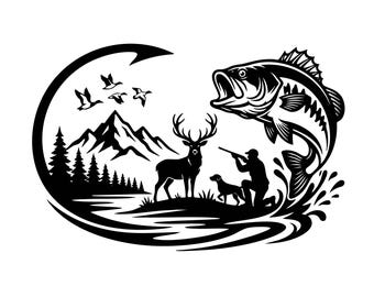Puede incluir: Una ilustración gráfica en blanco y negro que muestra un pez grande saltando del agua, un cazador arrodillado con un perro, un ciervo de pie, un bosque de pinos y montañas, todo enmarcado por la forma curva de un gran anzuelo de pesca.