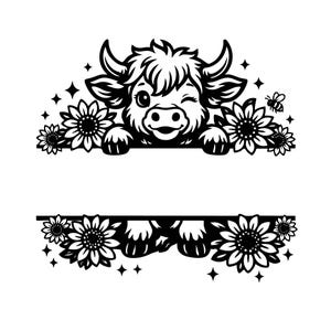 Puede incluir: Gráfico en blanco y negro de una vaca guiñando un ojo, con girasoles y una abeja. La vaca está mirando por encima de una línea horizontal, con una segunda línea debajo. El diseño incluye estrellas y girasoles adicionales.