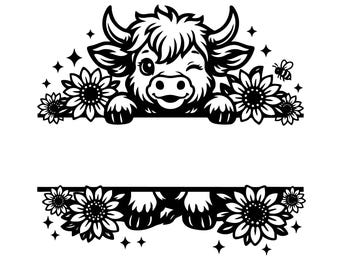 Highland Kuh Split Frame SVG, PNG, Bauernhof Tier Monogramm, Rustikales Western Namensschild, Landdekor Schnittdatei, personalisierte Geschenkgrafik, Cricut