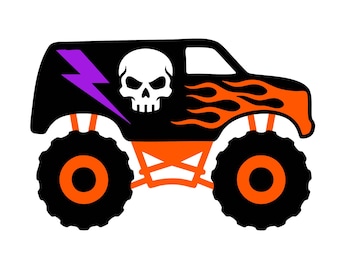 May include: A black monster truck graphic featuring a white skull icon, a purple lightning bolt, and orange flames on the side. The vehicle has large black tires with orange rims and an orange chassis, presented as a flat, stylized illustration.