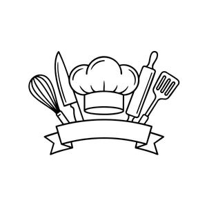 May include: A black and white line art illustration featuring a central chef hat flanked by a whisk, a kitchen knife, a rolling pin, and a slotted spatula. Below these culinary tools is a blank, curved ribbon banner for custom text placement.