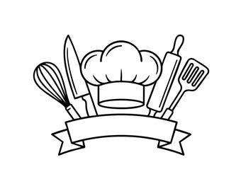 Logo Chef SVG: Monogramma con cappello da chef e utensili da cucina, clipart per la cucina, decorazioni per la cucina, file di taglio, SVG, PNG, download immediato
