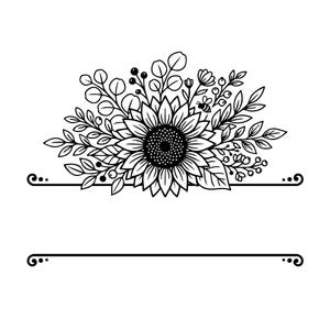 Può includere: Design floreale in bianco e nero con un girasole e varie foglie e bacche. Il design include due linee orizzontali con decorazioni, adatto per inviti o elementi decorativi.