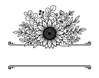 Sonnenblume Monogramm SVG: Floral Split Frame, T-Shirt Design, rustikale Blume, Gartenkunst, Schnittdatei, SVG, PNG, Sofort Download