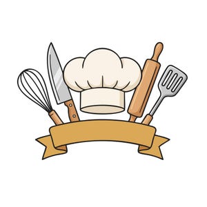 Puede incluir: Una ilustración gráfica que muestra un gorro de chef blanco centrado sobre una cinta decorativa de color canela vacía. Alrededor del gorro hay un batidor, un cuchillo de cocina plateado con mango marrón, un rodillo y una espátula.