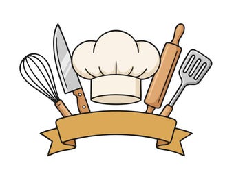 May include: A graphic illustration featuring a white chef hat centered above a blank tan ribbon banner. Surrounding the hat are a wire whisk, a silver kitchen knife with a brown handle, a wooden rolling pin, and a silver slotted spatula.