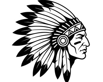 Indian Chief SVG: T-Shirt Design, Native American, Feather Headdress, Mascot Head, Cut Files, SVG, PNG, Instant Download