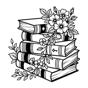 Puede incluir: Una ilustración de arte lineal en blanco y negro de una pila de cinco libros adornados con enredaderas y flores. El libro superior presenta un icono de estrella en el lomo, mientras que el libro central muestra un símbolo de llave. Diseño gráfico.