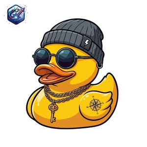 May include: A yellow cartoon duck wearing a gray beanie, round sunglasses, and a gold chain with a key pendant. The duck has a compass tattoo on its wing. A logo with a star and arrow is in the upper left corner.