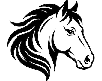 Pode incluir: Uma ilustração gráfica a preto e branco de uma cabeça de cavalo de perfil. O design apresenta linhas arrojadas e fluidas que definem a crina, as orelhas e os traços faciais do cavalo, criando uma imagem de alto contraste.