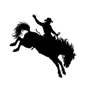 May include: A black silhouette of a cowboy riding a bucking bronco. The cowboy is wearing a hat and raising one arm in the air. The horse is mid-jump, with its legs extended. The image is set against a white background.