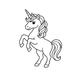Puede incluir: Ilustración en blanco y negro de un unicornio encabritado. El unicornio tiene un cuerno en espiral, una melena fluida y una cola curvada. La imagen es un simple dibujo lineal sobre un fondo blanco.