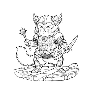 Puede incluir: Ilustración en blanco y negro de un gato guerrero con armadura, casco alado y sosteniendo una maza y una espada. El gato está sobre una plataforma de piedra, con una expresión feroz.