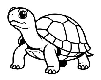 Pode incluir: Uma ilustração de arte linear em preto e branco de uma tartaruga. A tartaruga é retratada de perfil, virada para a esquerda, com um casco arredondado com um padrão hexagonal, uma cabeça lisa com olhos grandes e quatro pernas robustas.