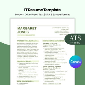 ATS Friendly IT Resume Template | Software Developer Tech CV (Canva Download)