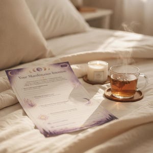 Puede incluir: Una hoja de trabajo impresa de intención de manifestación con gráficos de lunas y cristales morados, acompañada de una taza de cristal con té humeante sobre un posavasos de madera y una vela blanca encendida sobre una colcha blanca.