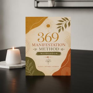 Puede incluir: Un libro de ejercicios rectangular titulado 369 Manifestation Method Workbook con fondo crema, que presenta formas abstractas en amarillo mostaza, verde oliva y naranja terracota, junto con dibujos lineales de un sol, hojas y una flor de loto.