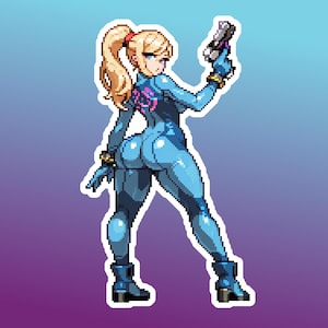 May include: A pixel art sticker of a character with a blonde ponytail wearing a shiny blue bodysuit with dark blue accents, black boots, and gloves. The character is holding a silver handgun in one hand and looking over their shoulder.