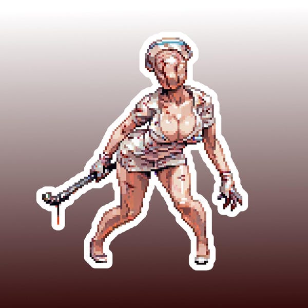 Silent Hill Verpleegster Stickerpakket | Verpleegster met Bubbelhoofd | 3 Glanzende Pixel Art Horror Pinup Stickers | Silent Hill 2 Fan Art