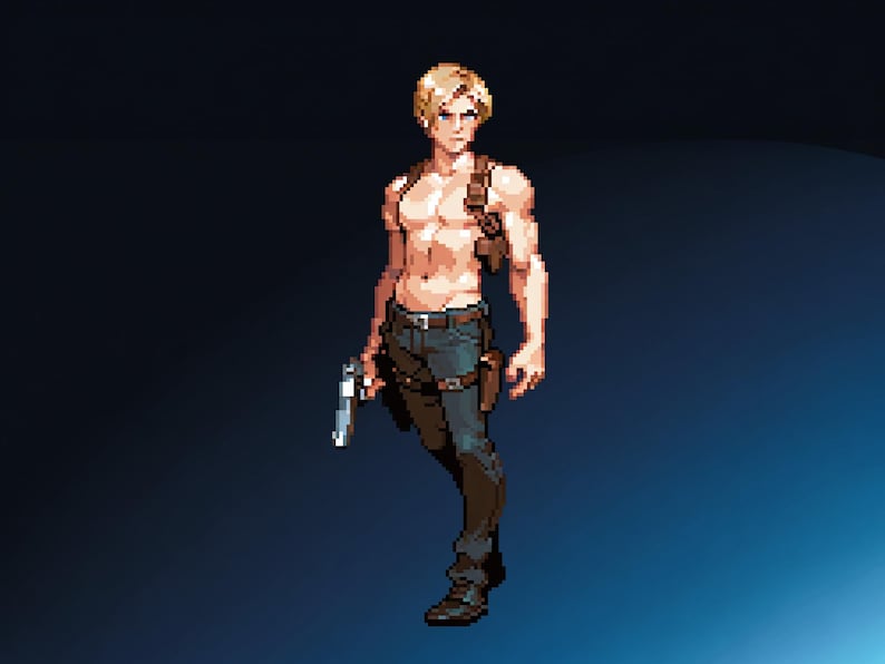 Op de afbeelding: Pixelachtige illustratie van een persoon met blond haar, die een bruin leren holster draagt en een zilveren pistool vasthoudt. De persoon draagt een blauwe spijkerbroek en zwarte laarzen. De achtergrond is een verloop van donkerblauw.