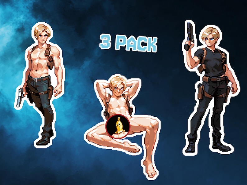 Op de afbeelding: Een stickerpakket met drie pixel art illustraties van een blondharig personage. Het personage wordt in verschillende poses afgebeeld, waaronder het vasthouden van een pistool en ontbloot bovenlijf. De tekst "3 PACK" wordt in de afbeelding weergegeven.
