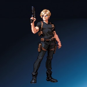 Op de afbeelding: Pixel art illustratie van een persoon met kort blond haar, gekleed in een zwart t-shirt, zwarte broek en laarzen. De persoon houdt een zwart pistool vast. Ze dragen ook een bruin holster en riem. De achtergrond is een verloop van donkerblauw naar lichtblauw.