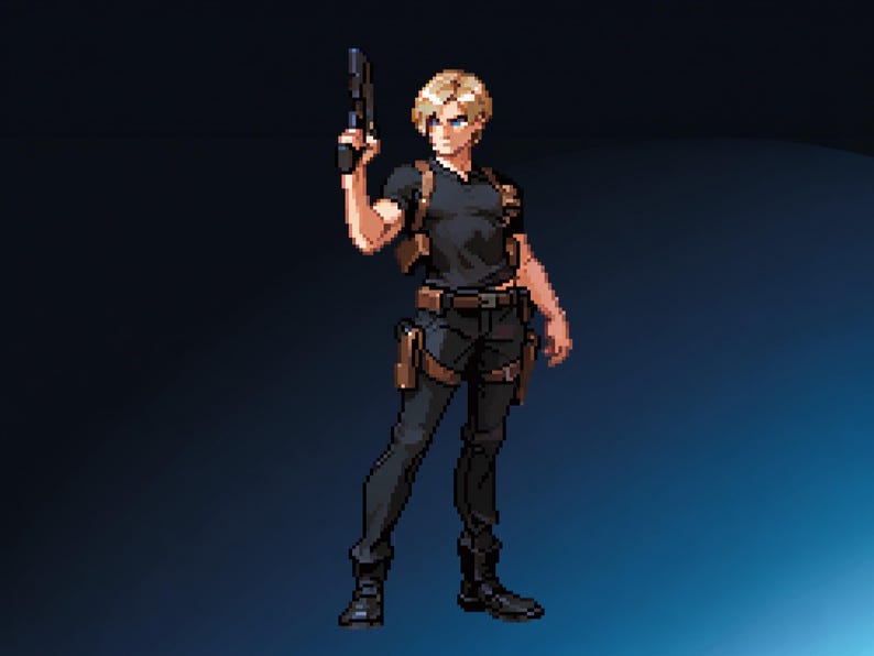 Op de afbeelding: Pixel art illustratie van een persoon met kort blond haar, gekleed in een zwart t-shirt, zwarte broek en laarzen. De persoon houdt een zwart pistool vast. Ze dragen ook een bruin holster en riem. De achtergrond is een verloop van donkerblauw naar lichtblauw.