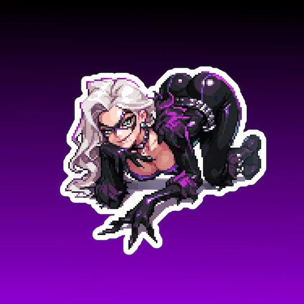 Zwarte Kat Pixel Art Stickerpakket | Marvel Rivals | 3 Glanzende Pin-up Stickers | Felicia Hardy Gaming Fan Art