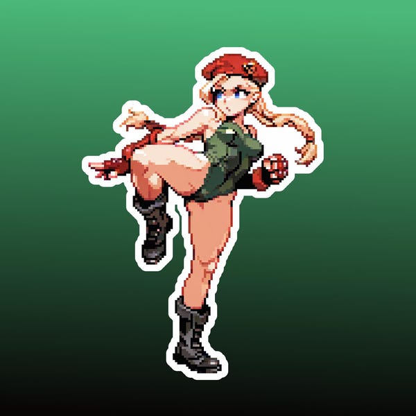 Cammy Pixel Stickerpakket | 3 glanzende Street Fighter fanart stickers | Klassieke groene outfit | Retro pixelkunst