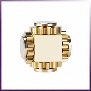 May include: A gold-colored fidget toy with a cube-shaped center and gear-like edges. The toy has a circular top and bottom, and circular accents on the sides. The design is symmetrical and metallic.