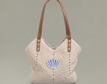 Niebieska torba na ramię ze słomy z muszlą, torba plażowa z motywem muszli