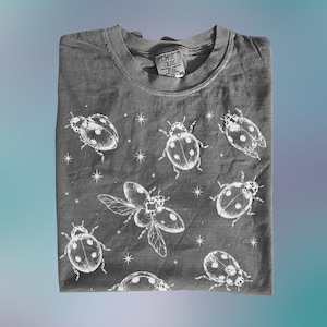 Op de afbeelding: Een donkergrijs t-shirt met ronde hals en een herhalend patroon van witte inkt met lieveheersbeestjes en kleine vierpuntige sterren. Het label in de nek bevat de tekst Comfort Colors, 100% Cotton, Made in Honduras, en de maat TG-EG.