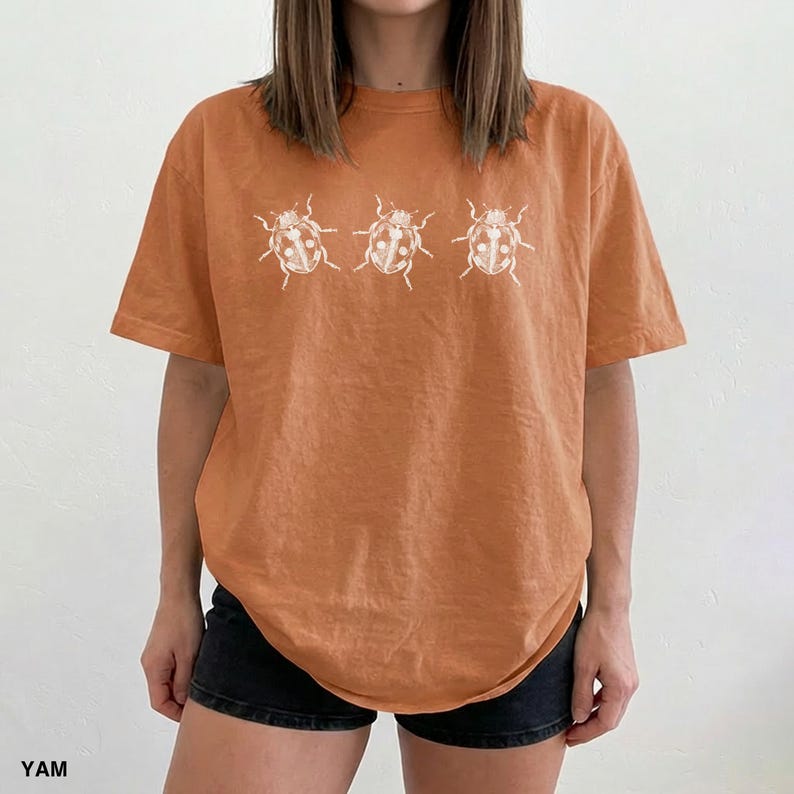 May include: A burnt orange short-sleeve t-shirt featuring a horizontal row of three white line-art illustrations of ladybugs centered on the chest. The shirt has a crew neckline and a relaxed fit, providing a casual look for everyday wear.