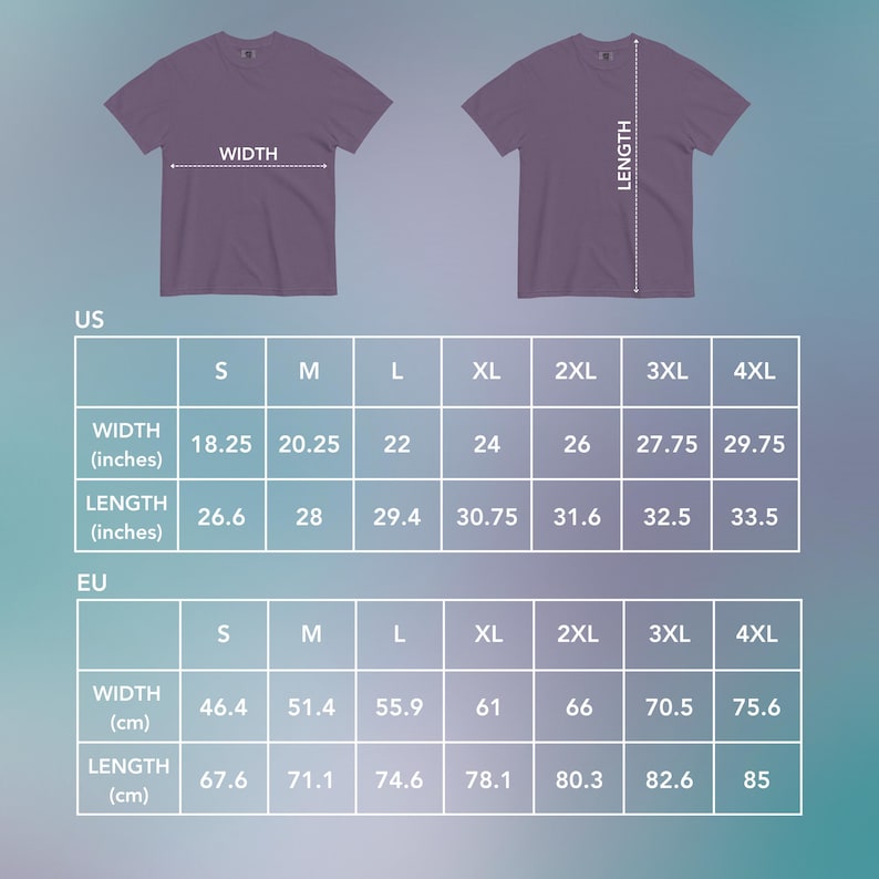 May include: Two purple t-shirts with size charts for US and EU measurements. The US chart shows width and length in inches, ranging from 18.25 to 29.75 inches wide and 26.6 to 33.5 inches long. The EU chart shows width and length in centimeters.