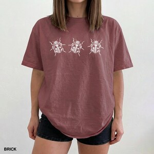 May include: A brick-colored short-sleeve t-shirt featuring a white graphic print of three ladybugs arranged horizontally across the chest. The shirt has a crew neckline and a relaxed fit, with the word BRICK printed in the bottom left corner.