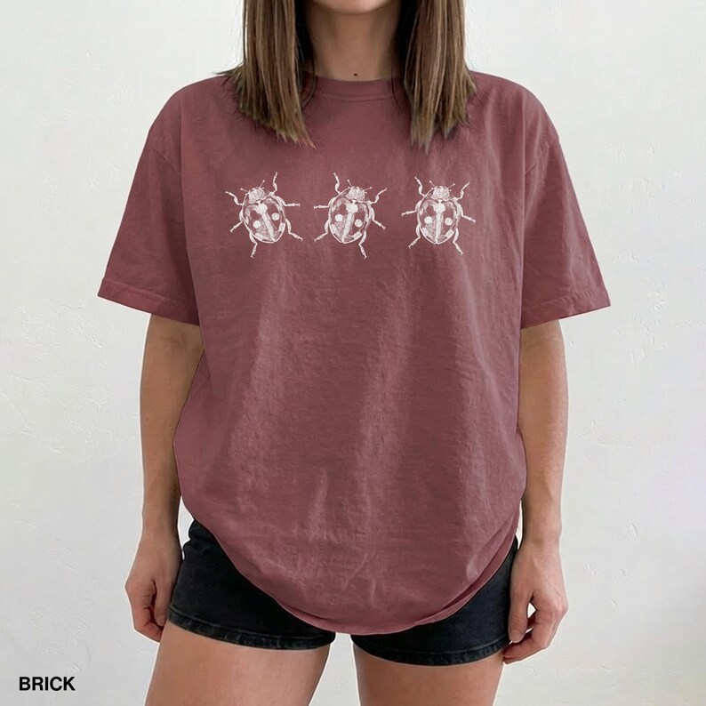 May include: A brick-colored short-sleeve t-shirt featuring a white graphic print of three ladybugs arranged horizontally across the chest. The shirt has a crew neckline and a relaxed fit, with the word BRICK printed in the bottom left corner.
