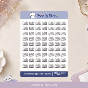 May include: A sticker sheet featuring a repeating pattern of open books with hearts. The sheet has a light blue header with the text "This is Poppi's Story". The website address www.thisispoppisstroy.etsy.com is printed at the bottom.