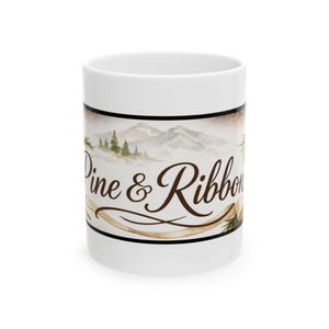 Pine & Ribbon Script Mug | Ceramic Coffee Cup, Pinecone Vintage Design